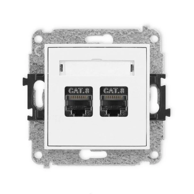 MINI Mechanizm gniazda komputerowego podwójnego 2xRJ45, kat. 8, ekranowane, 8‑stykowy biały mat 25MGK‑12 - obrazek 1