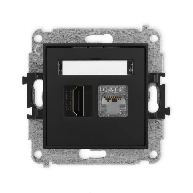 MINI Mechanizm gniazda pojedynczego HDMI 2.0, 4K + gniazda komp. poj. 1xRJ45, kat. 6, ekranowany, 8‑stykowy czarny mat 12MGHK‑46 - obrazek 1