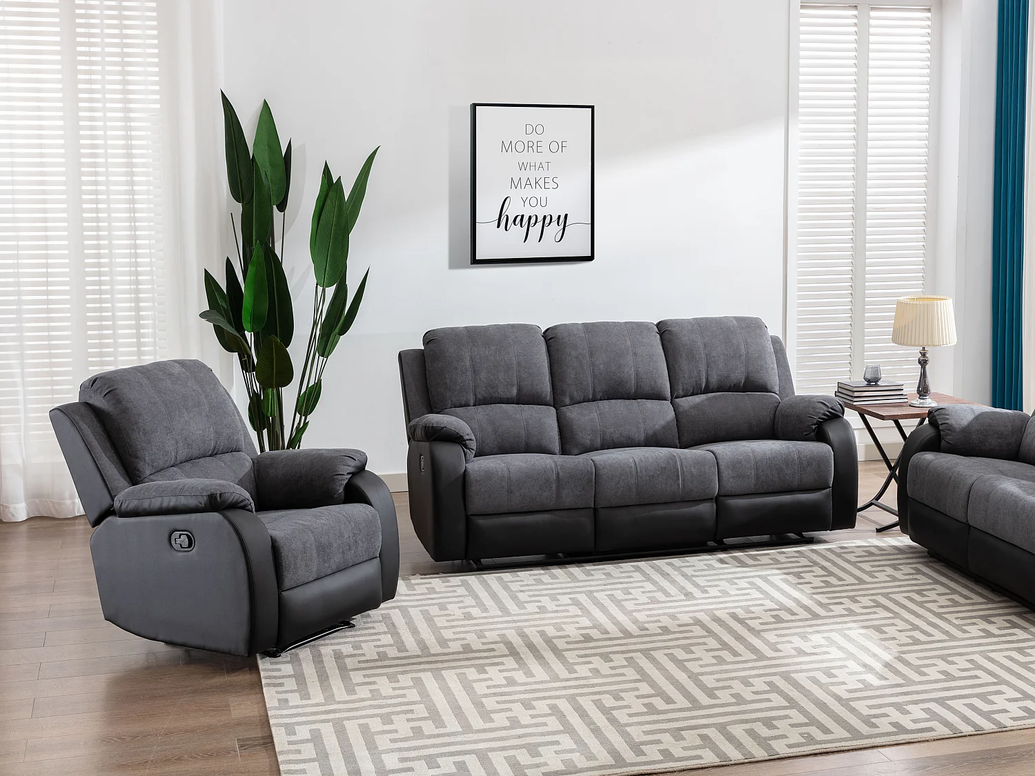 Kanapa 3-osobowa i fotel z funkcją relax z mikrofibry i ekoskóry Kolor szary i czarny BRODY 588413 - obrazek 1