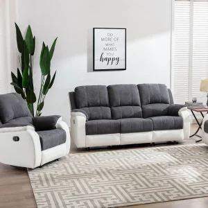 Kanapa 3-osobowa i fotel z funkcją relax z mikrofibry i ekoskóry Kolor szary i biały BRODY 588417