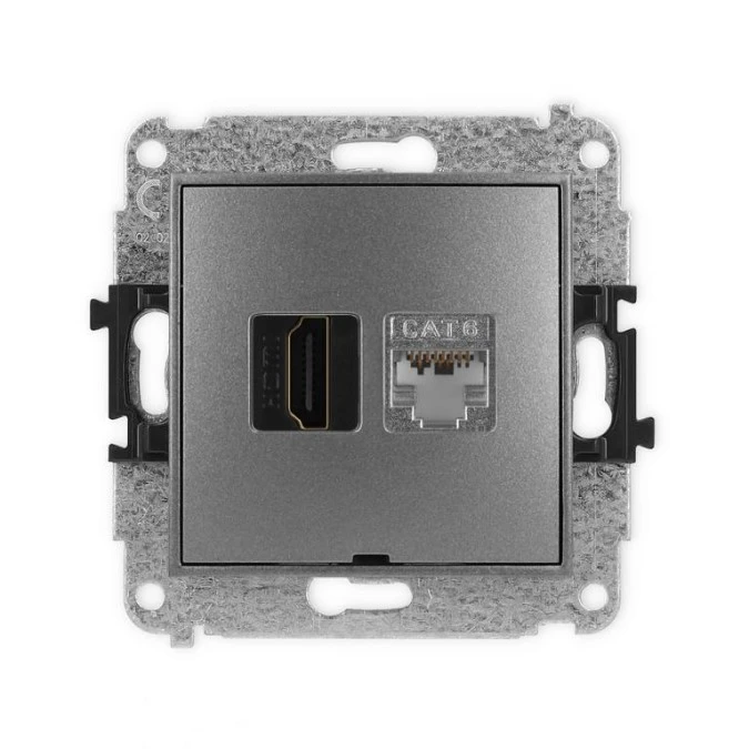 MINI Mechanizm gniazda HDMI 2.0, 4K + gniazda 1xRJ45, kat. 6, ekranowany, 8‑stykowy, bez pola opisowego grafitowy 11MGHKBO‑46 - obrazek 1