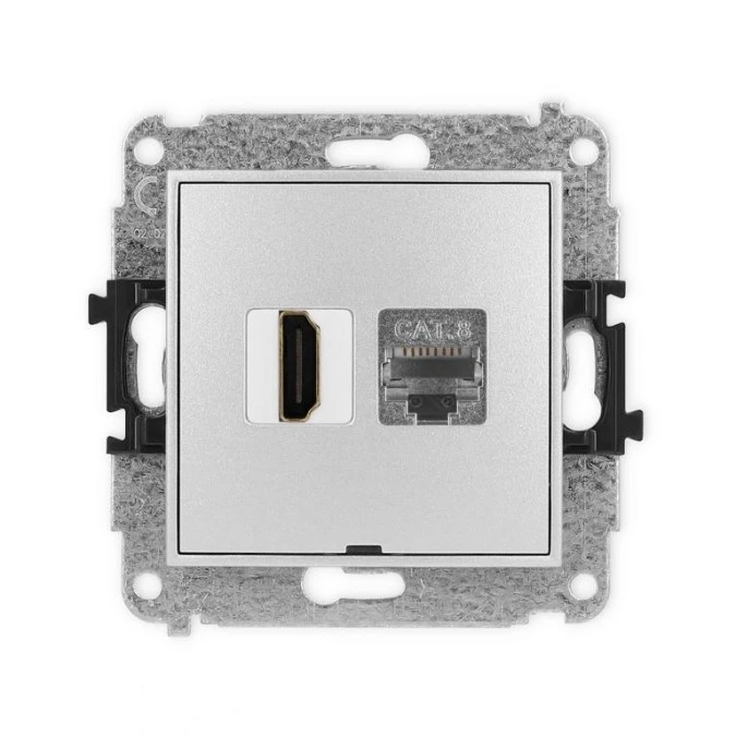 MINI Mechanizm gniazda HDMI 2.1, 8K + gniazda 1xRJ45, kat. 8, ekranowany, 8‑stykowy, bez opisu srebrny metalik 7MGHKBO‑88 - obrazek 1