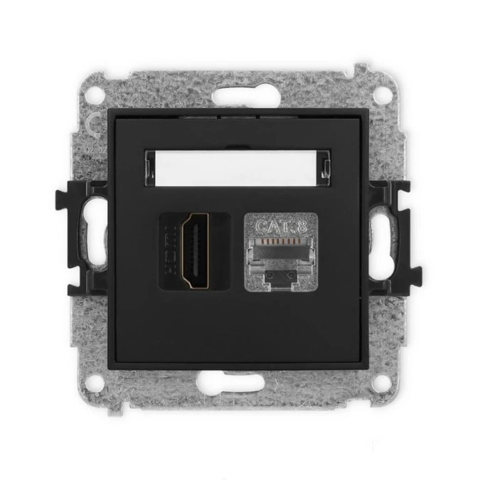 MINI Mechanizm gniazda pojedynczego HDMI 2.1, 8K + gniazda komp. poj. 1xRJ45, kat. 8, ekranowany, 8‑stykowy czarny mat 12MGHK‑88 - obrazek 1