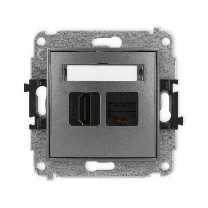 MINI Mechanizm gniazda pojedynczego HDMI 2.1, 8K + gniazda komp. poj. 1xRJ45, kat. 6A, 8‑stykowy grafitowy 11MGHK‑86A - obrazek 1