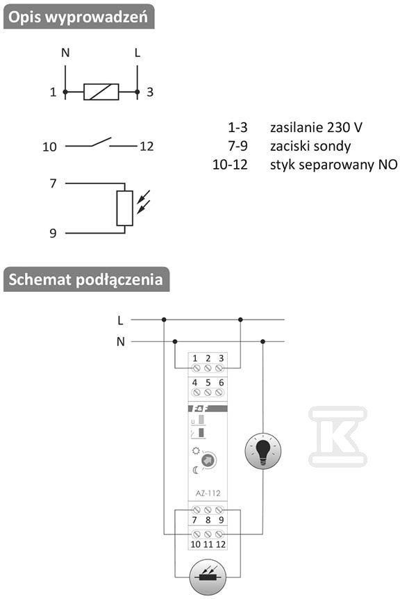 Automat zmierzchowy AZ-112-LED z zewnętrzną sondą, przekaźnik InRush16 A (160 A/20 ms) - obrazek 3