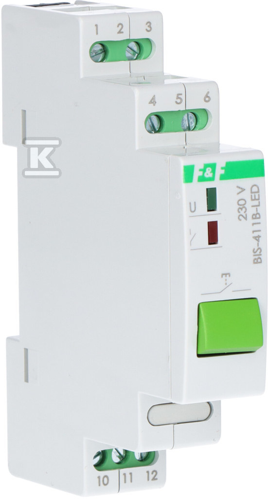 Przekaźnik bistabilny BIS-411B-LED z przyciskiem do sterowania ręcznego, na szynę DIN, z przekaźnikiem inrush 160A/20ms