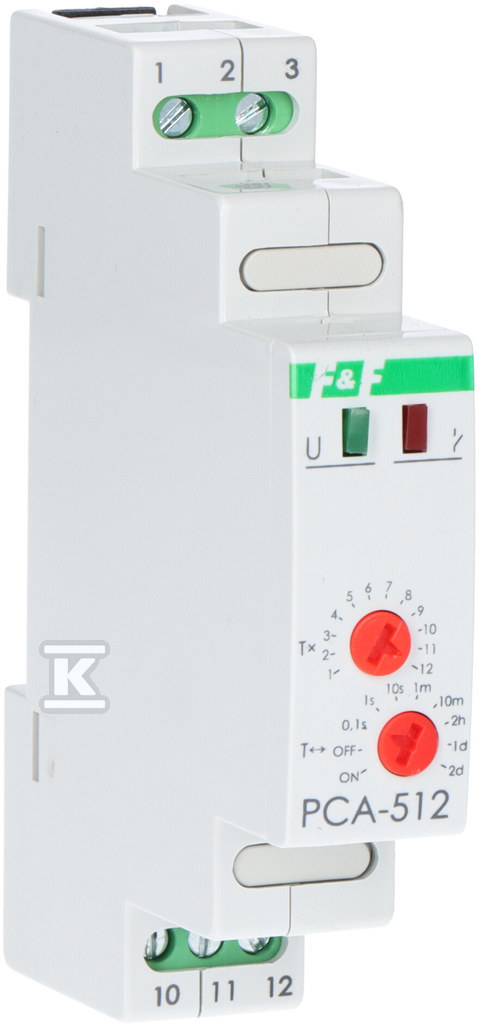 Przekaźnik czasowy PCA-512 jednofunkcyjny – awersyjny (opóźnione rozłączanie), styk: 1P, U=230V, I=10A, 1 moduł