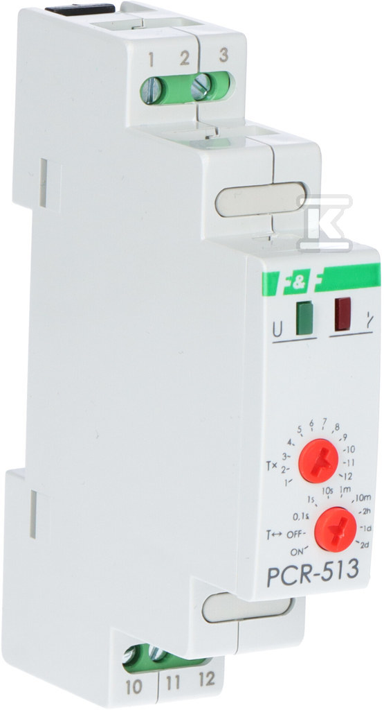 Przekaźnik czasowy PCR-513 UNI jednofunkcyjny- rewersyjny (opóźnione załączanie), styki: 1P, U=12-264V, I=10A, 1 moduł PCR513UNI - obrazek 1