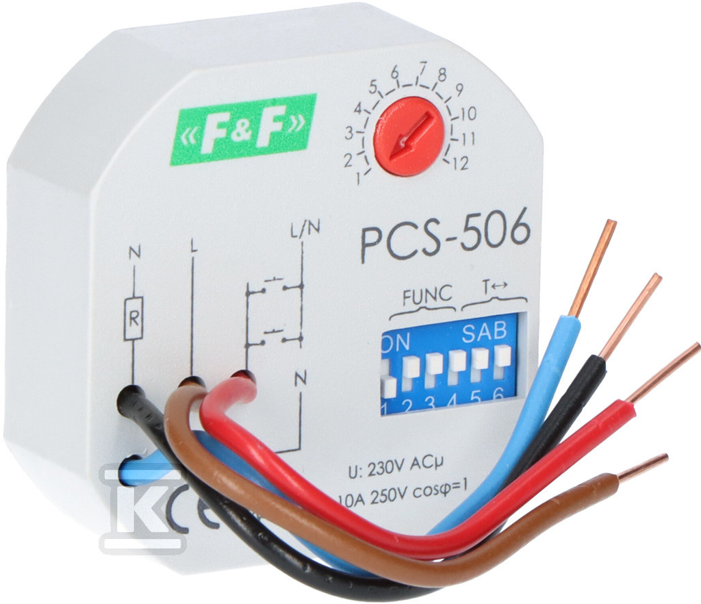 Przekaźnik czasowy PCS-506 ośmiofunkcyjny, styki: 1z, U=230VAC, I=10A, montaż w puszce podtynkowej fi 60 - obrazek 1