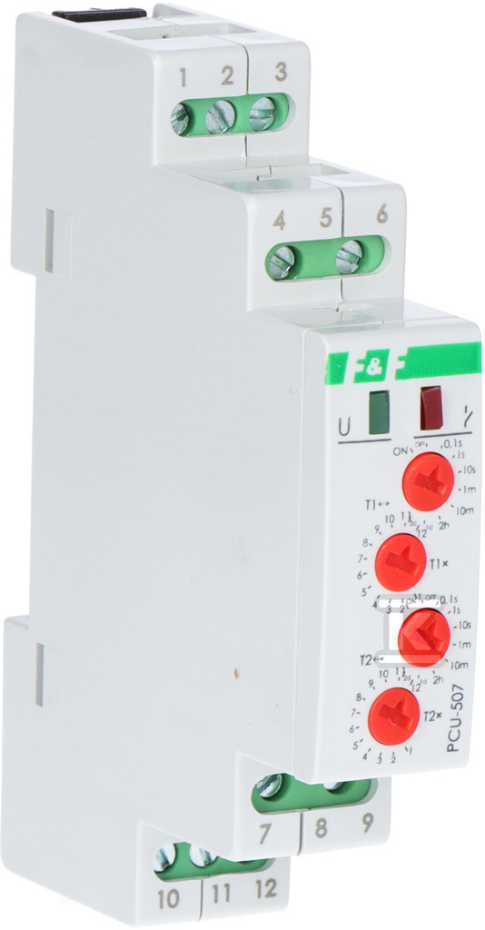 Przekaźnik czasowy PCU-507 wielofunkcyjny, dwa niezależne czasy T1 i T2, styki: 2P, U=230V, I=2x8A, 1 moduł PCU-507 230V - obrazek 1