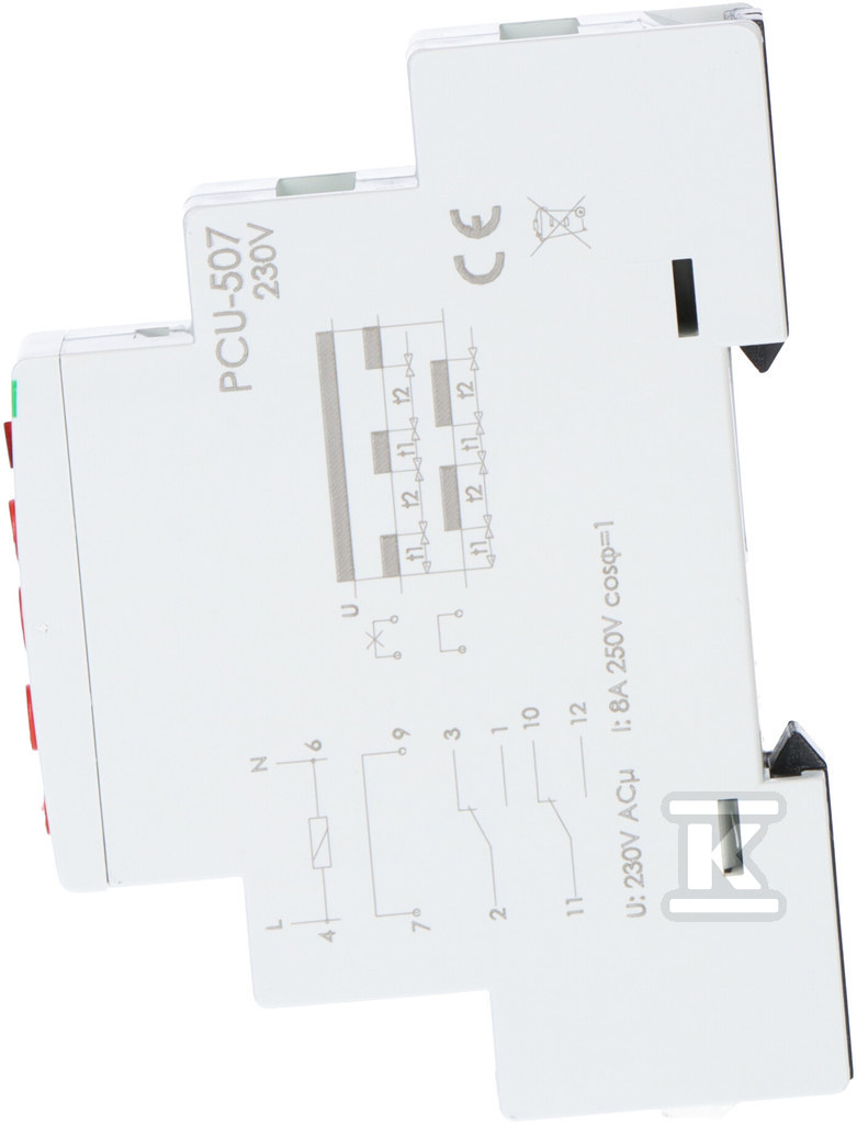 Przekaźnik czasowy PCU-507 wielofunkcyjny, dwa niezależne czasy T1 i T2, styki: 2P, U=230V, I=2x8A, 1 moduł PCU-507 230V - obrazek 2