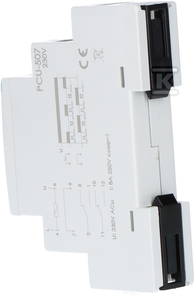 Przekaźnik czasowy PCU-507 wielofunkcyjny, dwa niezależne czasy T1 i T2, styki: 2P, U=230V, I=2x8A, 1 moduł PCU-507 230V - obrazek 3