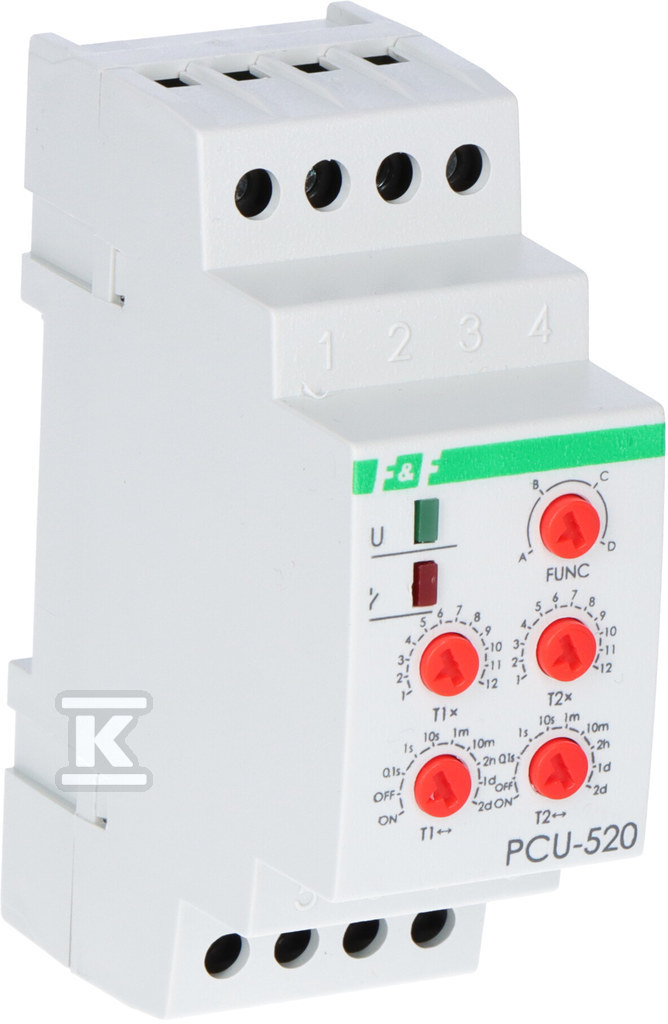 Przekaźnik czasowy PCU-520 wielofunkcyjny, dwa niezależne czasy T1 i T2, styk U=230V, I=2x8A, 2 moduły - obrazek 1