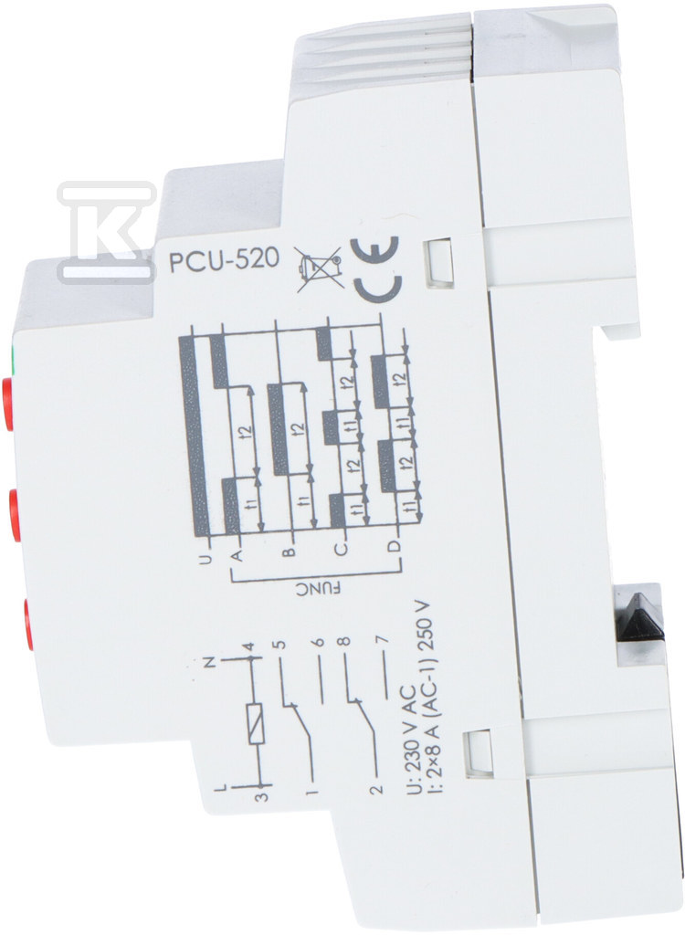 Przekaźnik czasowy PCU-520 wielofunkcyjny, dwa niezależne czasy T1 i T2, styk U=230V, I=2x8A, 2 moduły - obrazek 2