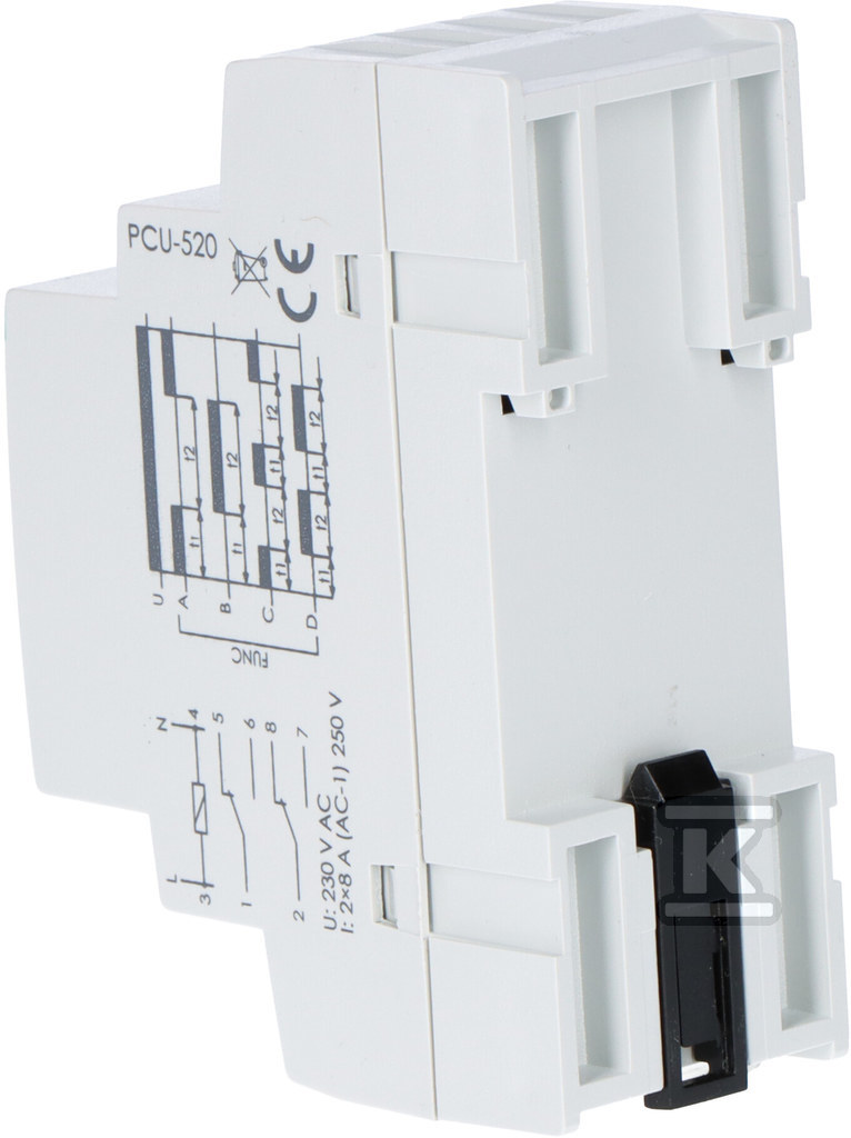 Przekaźnik czasowy PCU-520 wielofunkcyjny, dwa niezależne czasy T1 i T2, styk U=230V, I=2x8A, 2 moduły - obrazek 3