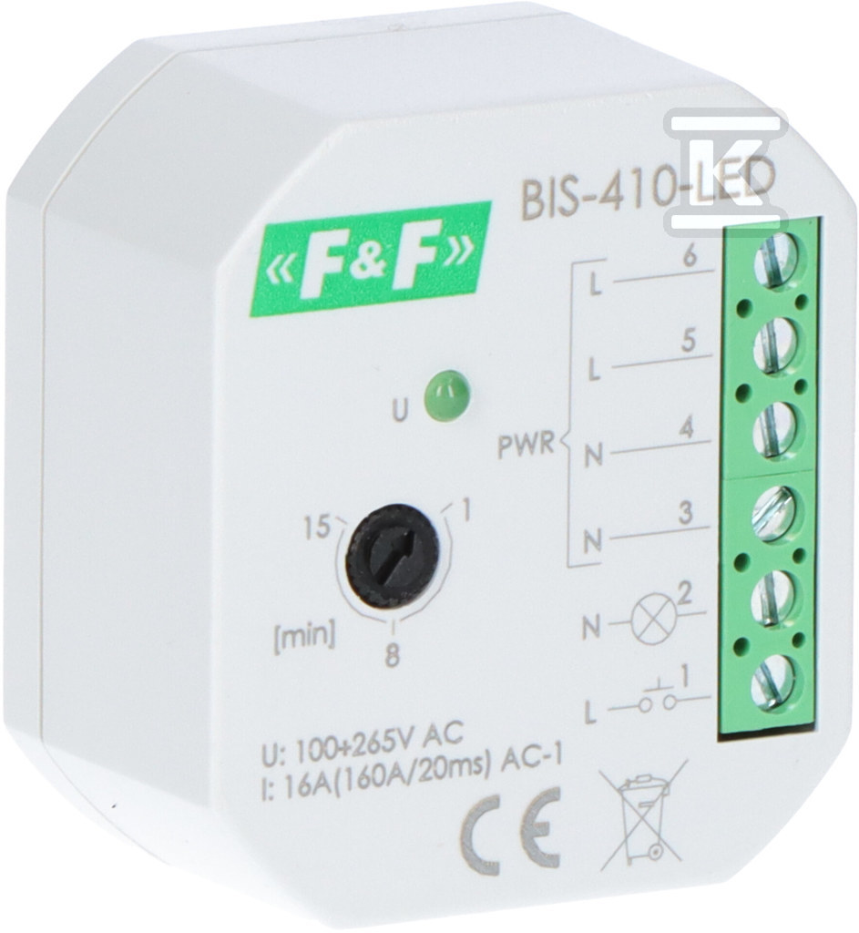 Przekaźnik bistabilny, podtynkowy z wyłącznikiem czasowym, do podświetlanych przycisków z przekaźnikiem inrush 160A/20ms BIS-410-LED - obrazek 1
