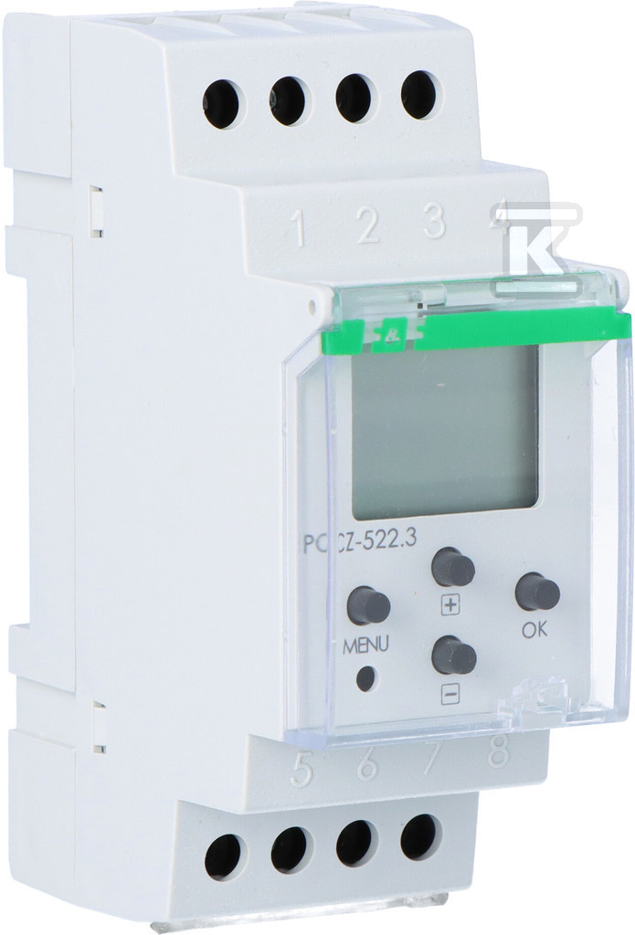 Zegar sterujący programowalny PCZ-522.3 dwukanałowy, NFC, 2×250 komórek pamięci, styki: 2x1P, I=16A, 24÷264V AC/DC, 2 moduły