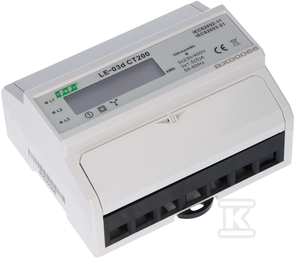 Licznik energii elektrycznej LE-03d CT-200 - trójfaz., wyświetlacz LCD, kl.1, wej. pom. 3x5A [przekładnik 200/5] LE03D-CT200 - obrazek 1