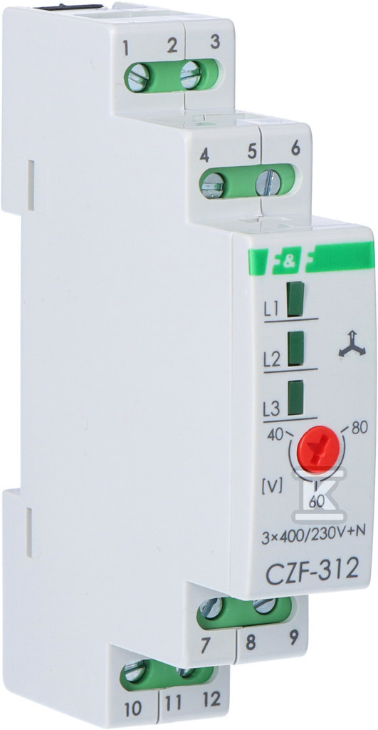 Czujnik zaniku i asymetrii faz CZF-312 Un=3x400V+N Io<2x5A montaż na szynie TH-35 regulacja napięcia zadziałania bezzwłoczny - obrazek 1