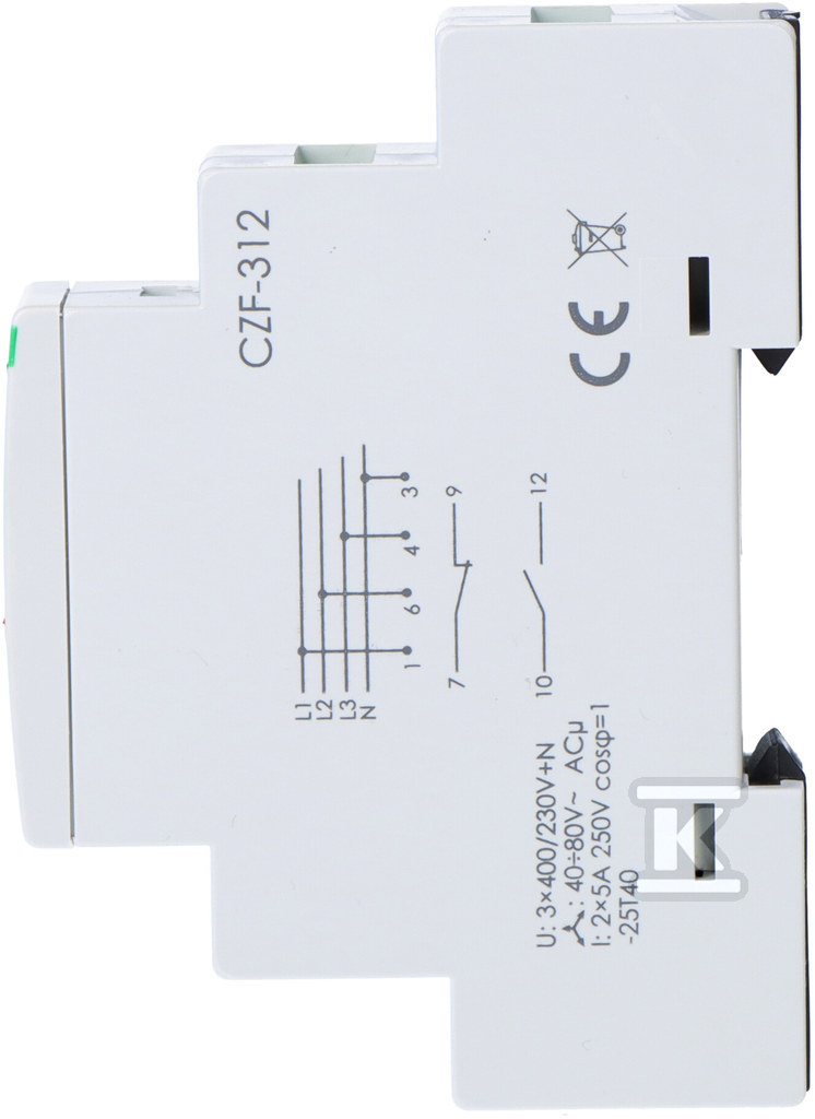 Czujnik zaniku i asymetrii faz CZF-312 Un=3x400V+N Io<2x5A montaż na szynie TH-35 regulacja napięcia zadziałania bezzwłoczny - obrazek 2