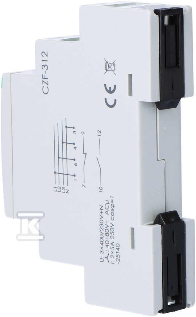 Czujnik zaniku i asymetrii faz CZF-312 Un=3x400V+N Io<2x5A montaż na szynie TH-35 regulacja napięcia zadziałania bezzwłoczny - obrazek 3