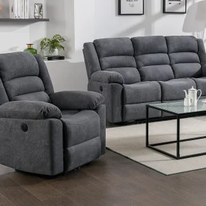 Kanapa 3 osobowa i fotel z funkcją relax elektryczny z szarą tapicerką – BUROLO 1288307