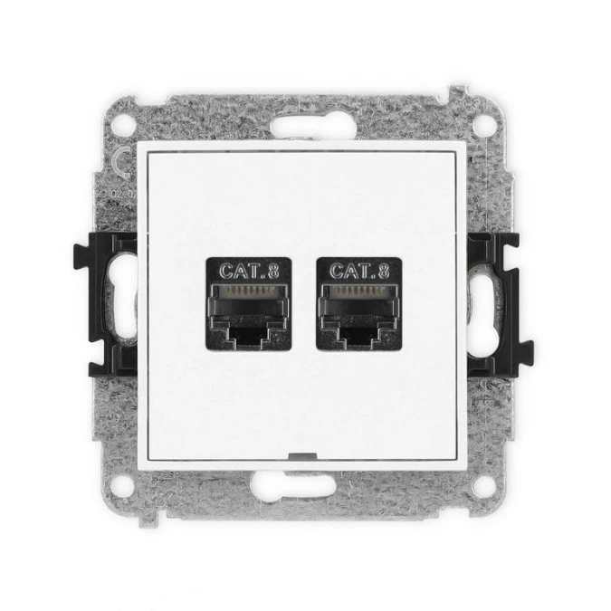 MINI Mechanizm gniazda komputerowego podwójnego 2xRJ45, kat. 8, ekranowane, 8‑stykowy, bez pola opisowego biały mat 25MGKBO‑12 - obrazek 1