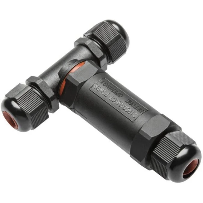 Mufa kablowa z dławikami na kable do 3x1,5mm2, 16A, kształt T, hermetyczna IP67 UV trójnik czarna GTV - obrazek 2