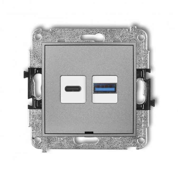 MINI Mechanizm ładowarki USB podwójnej USB C + USB A, 30W max., bez pola opisowego srebrny metalik 7MCUSBBO‑10 - obrazek 1