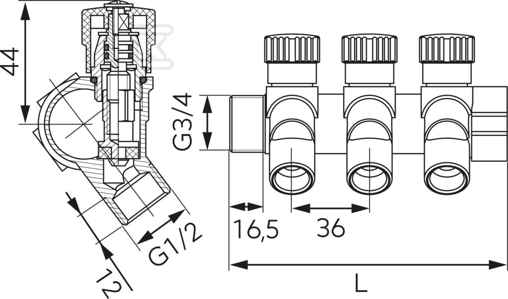 Rozdzielacz sanitarny 3/4"x1/2", 2-drogowy RDW200200 - obrazek 2