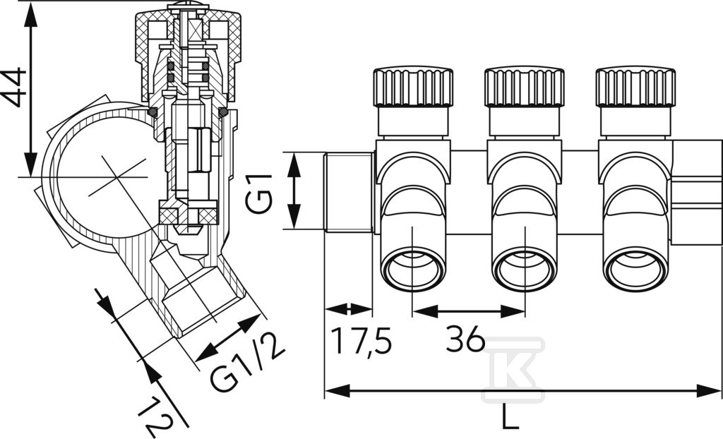 Rozdzielacz sanitarny 1"x1/2", 2-drogowy RDW250200 - obrazek 2