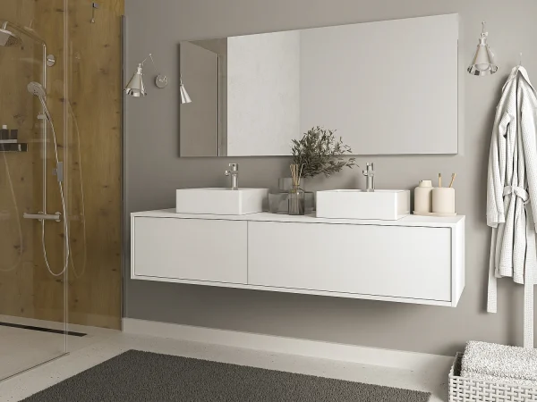 Szafka łazienkowa wisząca biała z dwoma umywalkami – szer. 150 cm – ISAURE II 1282311 Szafka łazienkowa wisząca biała z dwoma umywalkami – szer. 150 cm – ISAURE II 1282311
