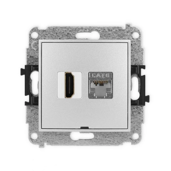 MINI Mechanizm gniazda HDMI 2.0, 4K + gniazda 1xRJ45, kat. 6, ekranowany, 8‑stykowy, bez opisu srebrny metalik 7MGHKBO‑46 - obrazek 1
