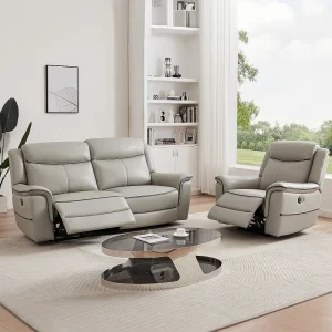 Kanapa 3-osobowa i fotel z elektryczną funkcją relax z jasnoszarej skóry – ADELIO 1814713