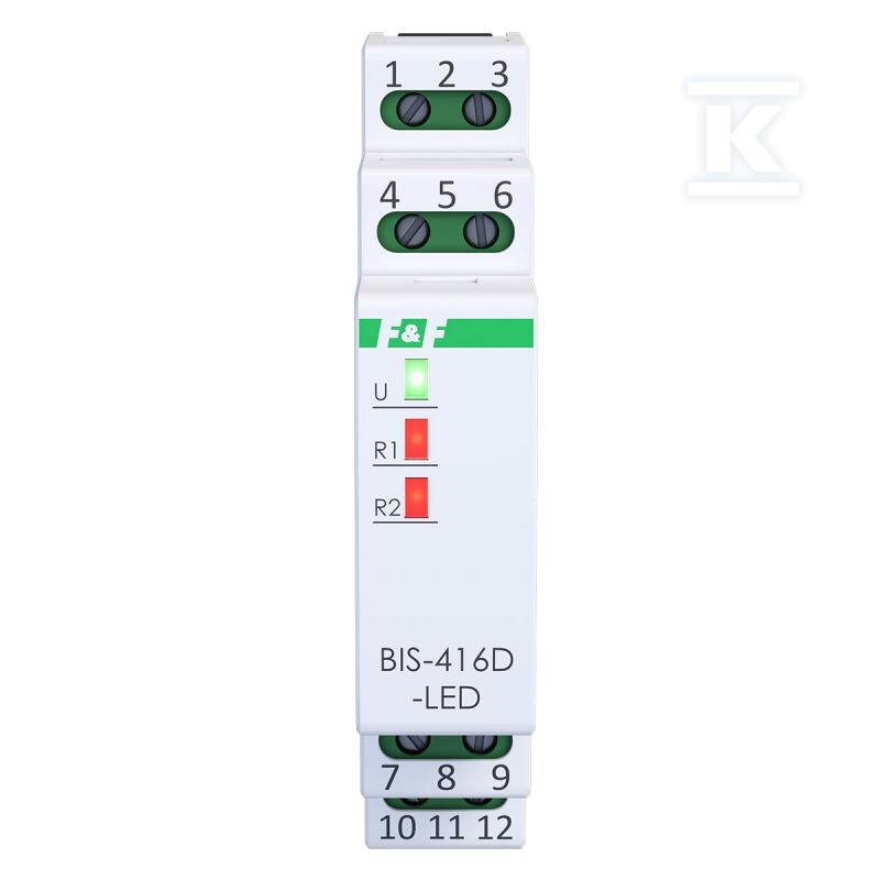 Przekaźnik bistabilny 2 kanałowy on/off, BIS-416D-LED Un=230V,I=2x10A InRush(120A/20ms), styki 2xNO,1S, DIN - obrazek 1