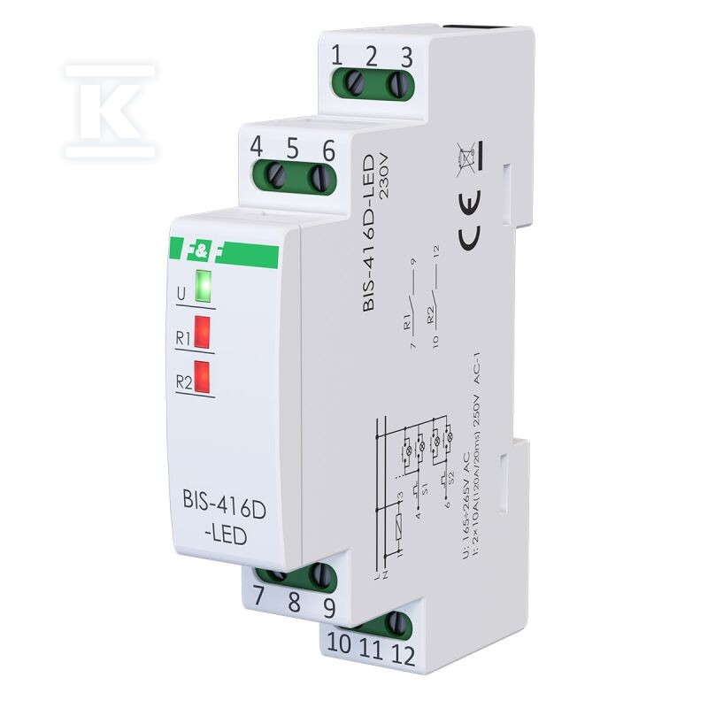 Przekaźnik bistabilny 2 kanałowy on/off, BIS-416D-LED Un=230V,I=2x10A InRush(120A/20ms), styki 2xNO,1S, DIN - obrazek 2