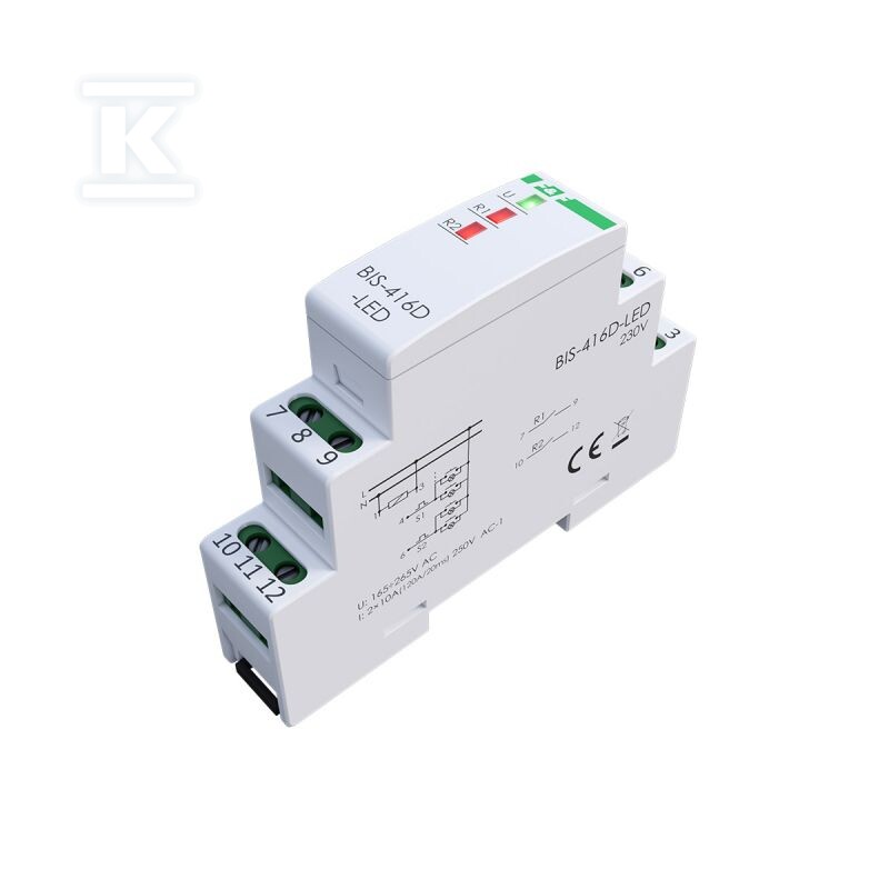 Przekaźnik bistabilny 2 kanałowy on/off, BIS-416D-LED Un=230V,I=2x10A InRush(120A/20ms), styki 2xNO,1S, DIN - obrazek 3
