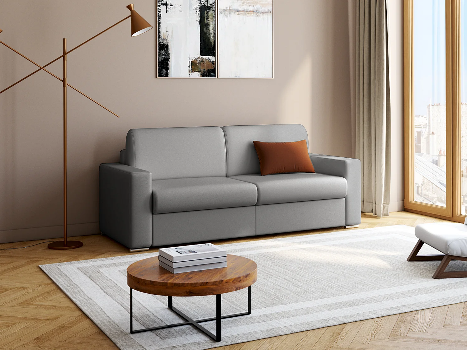 Kanapa 4-osobowa z ekspresowym mechanizmem rozkładania z ekoskóry CALITO - Szary - Wymiary miejsca do spania: 160 cm - Materac 16 cm z pamięcią kształtu 134265 - obrazek 1