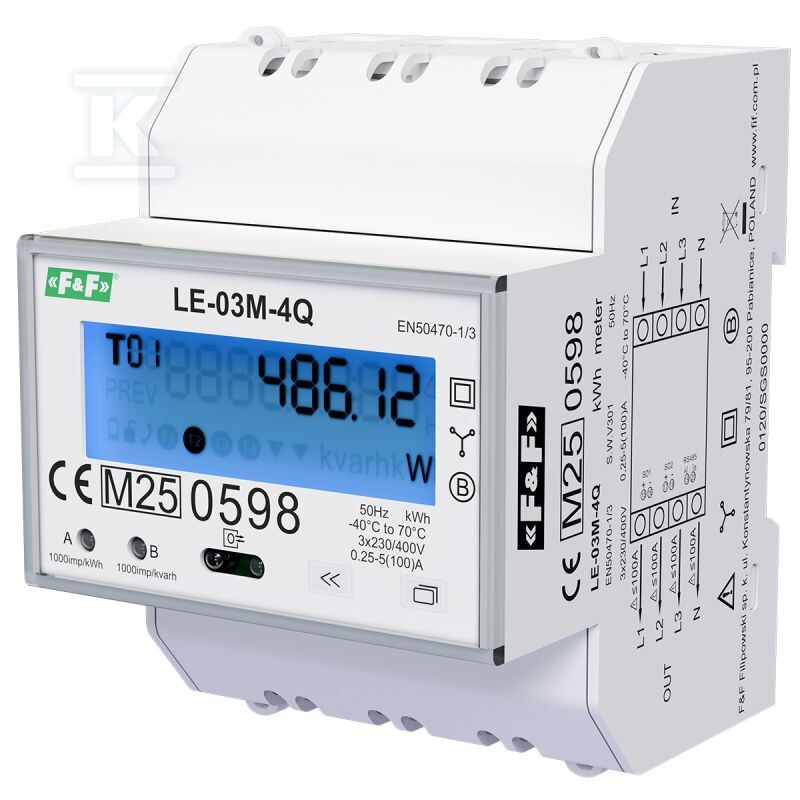Licznik energii elektrycznej LE-03M-4Q - trójfazowy, czterokwadrantowy pomiar energii, pomiar bezpośredni do 100A, RS485 + Modbus RTU + DLT645-2007 - obrazek 1