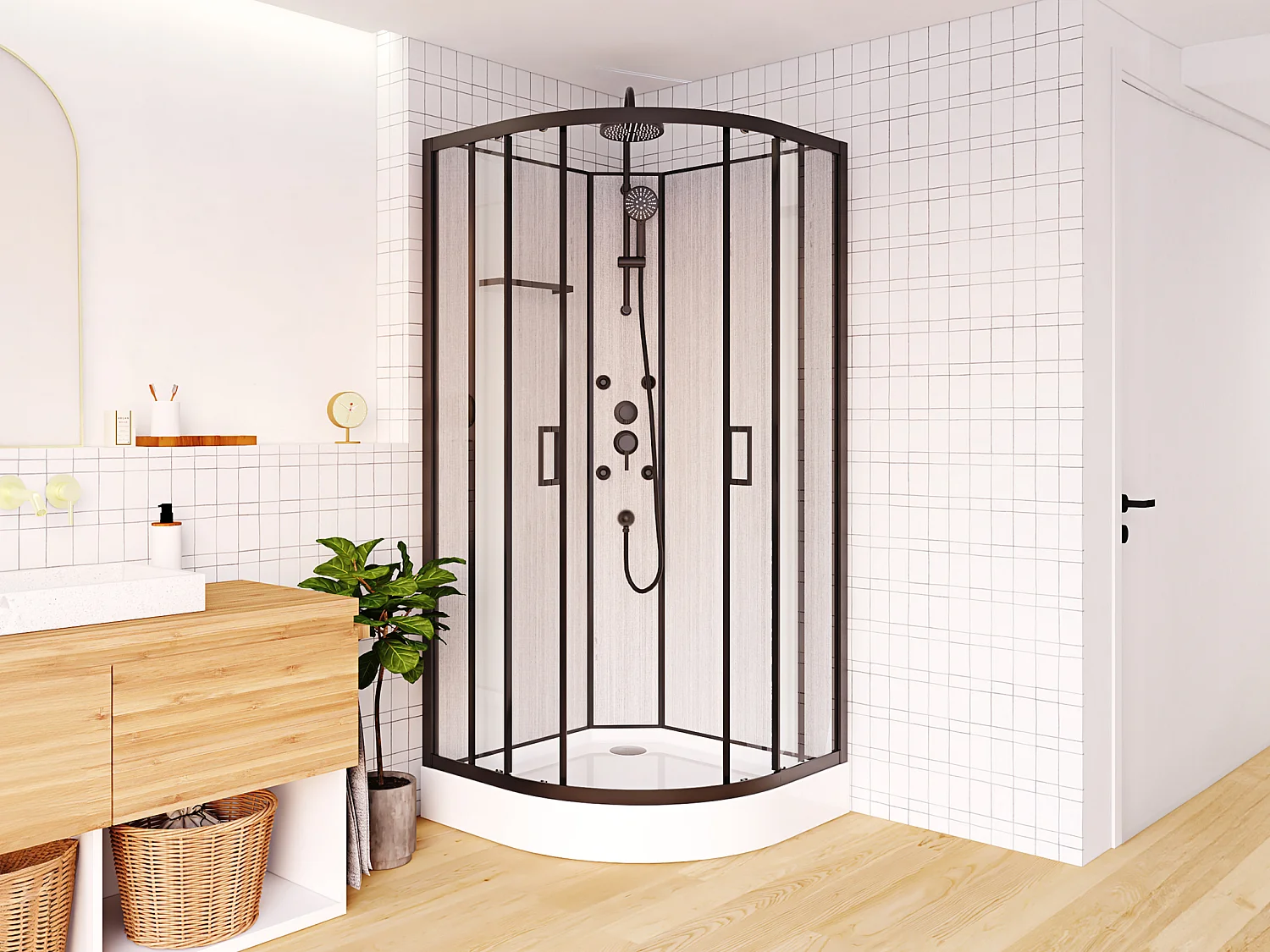 Kabina prysznicowa z hydromasażem z włókna bambusowego - Czarny mat - szer. 80 x gł. 80 x wys. 225 cm - ZALIFA 1225147 - obrazek 1