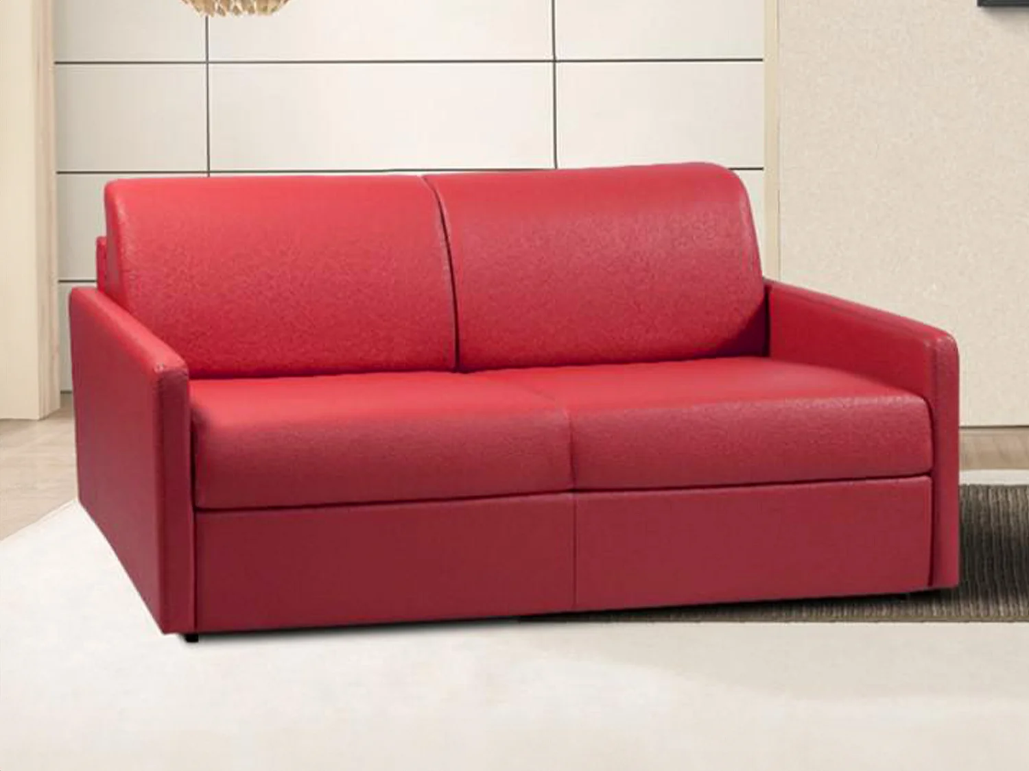 Kanapa 4-osobowa rozkładana typu expres z ekoskóry CALIFE - Czerwony - Miejsce do spania 160 cm - Materac 14 cm 129457 - obrazek 1