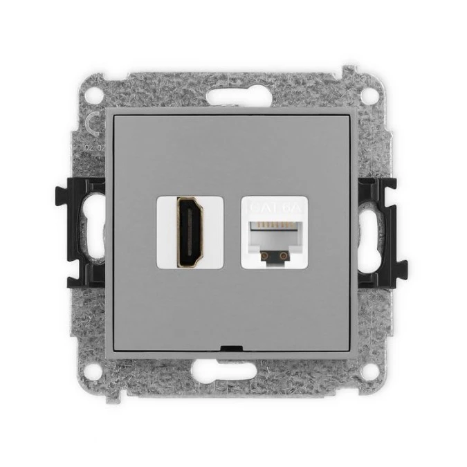MINI Mechanizm gniazda HDMI 2.0, 4K + gniazda komp. poj. 1xRJ45, kat. 6A, 8‑stykowy, bez pola opisowego szary mat 27MGHKBO‑46A - obrazek 1