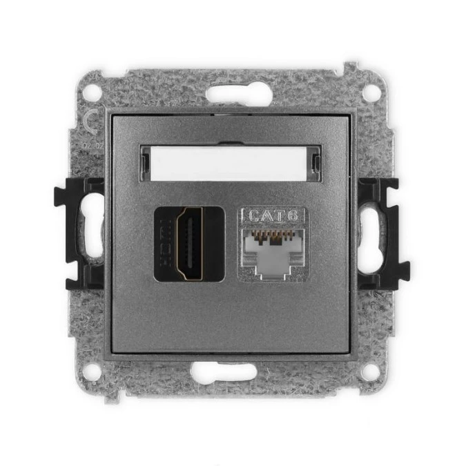 MINI Mechanizm gniazda pojedynczego HDMI 2.0, 4K + gniazda komp. poj. 1xRJ45, kat. 6, ekranowany, 8‑stykowy grafitowy 11MGHK‑46 - obrazek 1