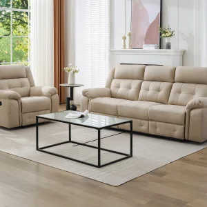 Kanapa 3-osobowa i fotel z elektryczną funkcją relax z beżowej mikrofibry – ORTIANO 2167945