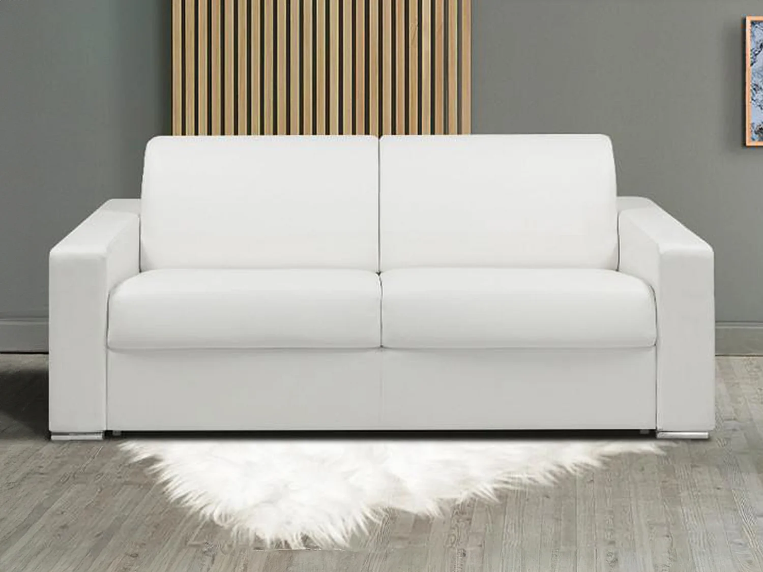 Kanapa 3-osobowa z ekspresowym mechanizmem rozkładania z ekoskóry CALITO - Biały - Wymiary miejsca do spania: 140 cm - Materac 18 cm 129573 - obrazek 1