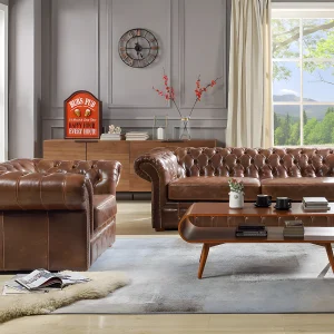 Kanapa i fotel typu chesterfield z postarzanej skóry CLOTAIRE 65032 Kanapa i fotel typu chesterfield z postarzanej skóry CLOTAIRE 65032