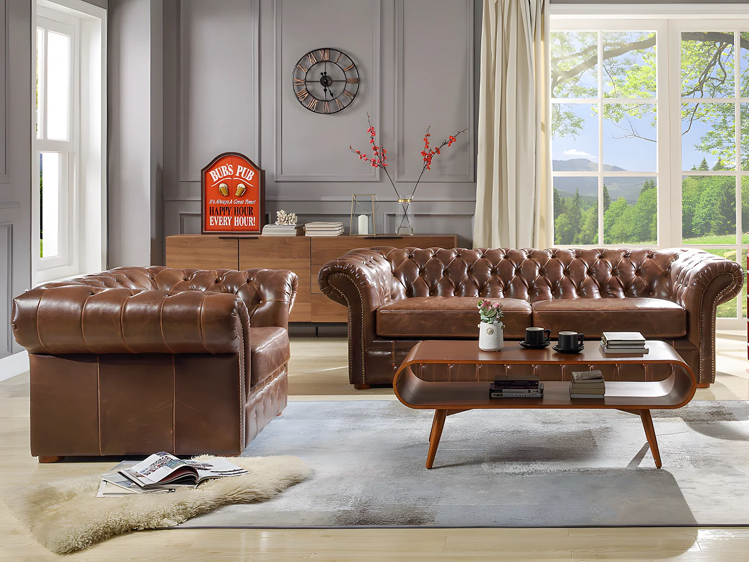 Kanapa i fotel typu chesterfield z postarzanej skóry CLOTAIRE 65032 - obrazek 1