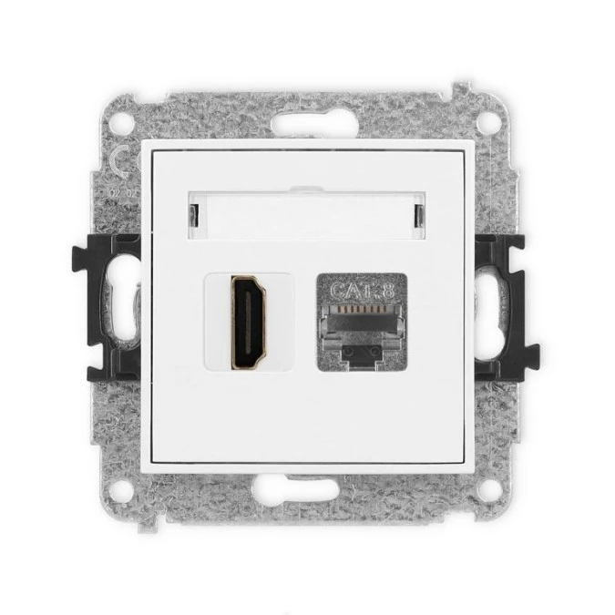 MINI Mechanizm gniazda pojedynczego HDMI 2.1, 8K + gniazda komp. poj. 1xRJ45, kat. 8, ekranowany, 8‑stykowy biały MGHK‑88 - obrazek 1