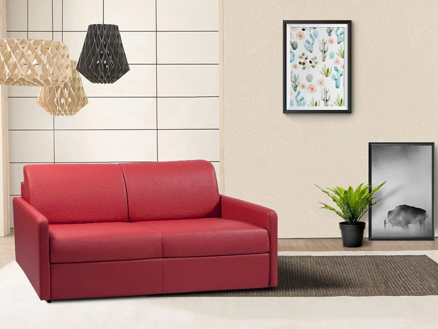 Kanapa 3-osobowa rozkładana typu expres z ekoskóry CALIFE - Czerwony - Miejsce do spania 140 cm - Materac 18 cm 129487 - obrazek 1