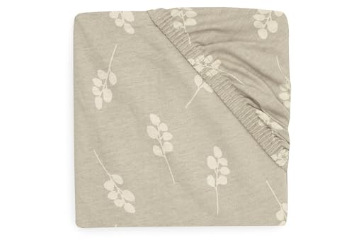 Jollein prześcieradło dżersejowe z gumką do łóżeczka dziecięcego Twig, Olive Green 60 x 120 cm 100% bawełna beżowe oliwkowymi gałązkami